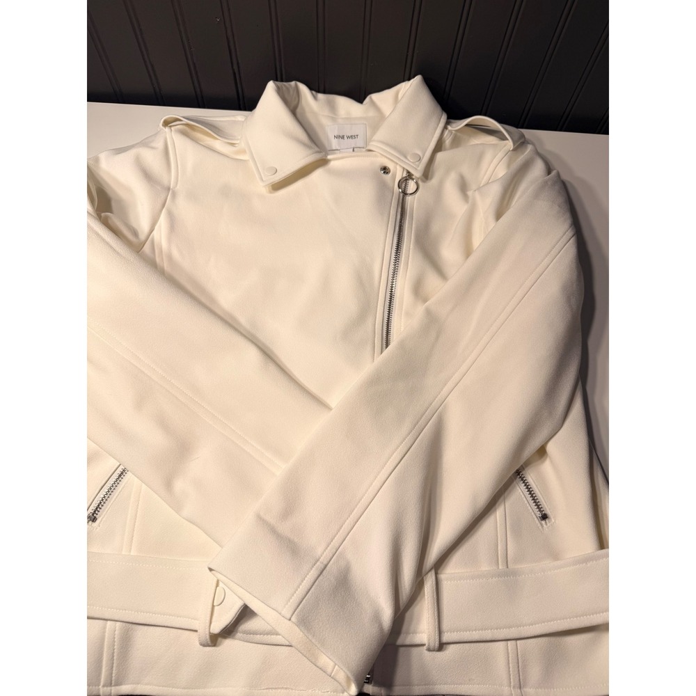 Nine West Womens Cream Textured Moto Jacket Asymmetric Zip Belted Size M